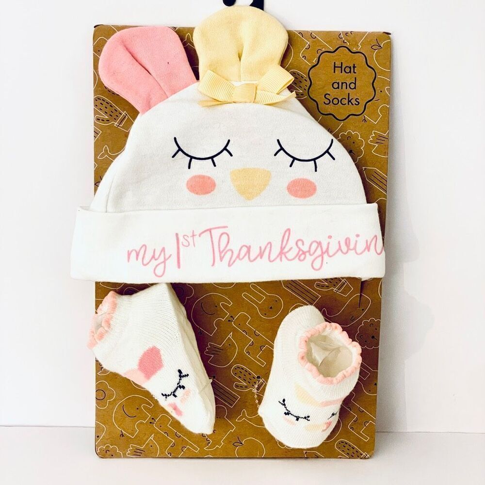 NWT 3Pc Baby Girl 0/6 months White Pink My 1st Thanksgiving ears hat & socks Set